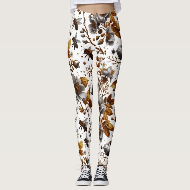 honey bees  florals and leaves pattern doodle art leggings (Front)