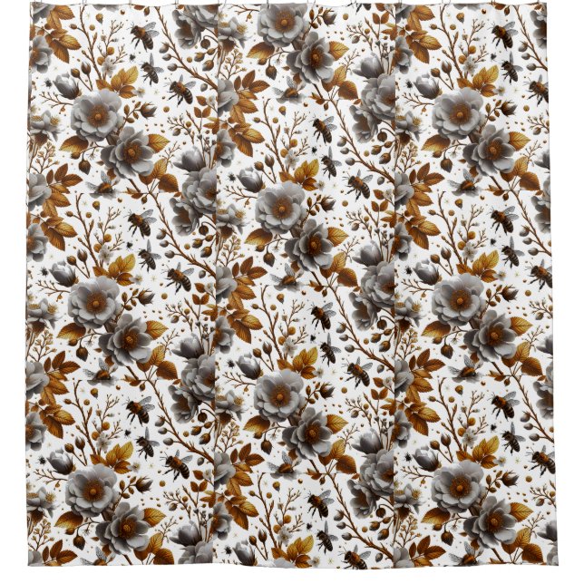 honey bees  florals and leaves pattern doodle art shower curtain (Front)