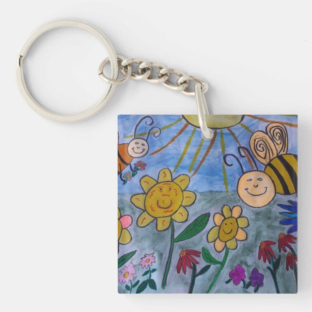 Honey Bees & Flowers Acrylic Key Ring (Front)