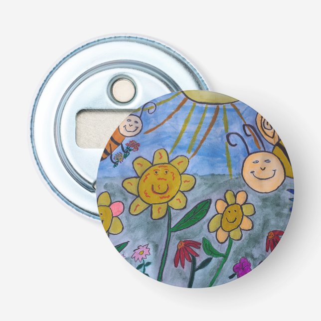 Honey Bees & Flowers Button Bottle Opener (Front)