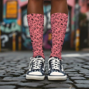 Honey Bees & Flowers Liberty Pattern Black & Coral Socks