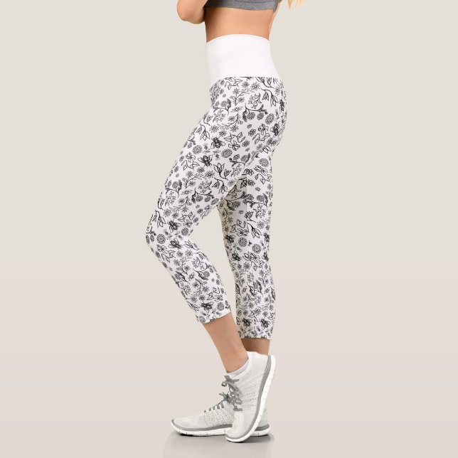 Honey Bees & Flowers Liberty Pattern Black & White Capri Leggings (Left)