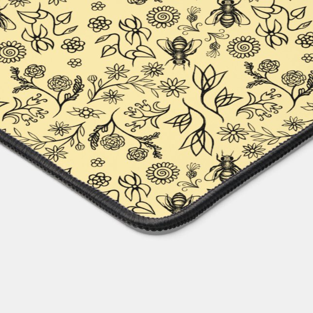 Honey Bees & Flowers Liberty Pattern Black Yellow Desk Mat (Corner)