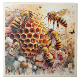 HONEY BEES FLOWERS On HONEYCOMB | Ceramic Tile