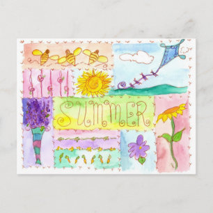 Honey Bees Kite Watercolor Flowers Happy Summer Postcard
