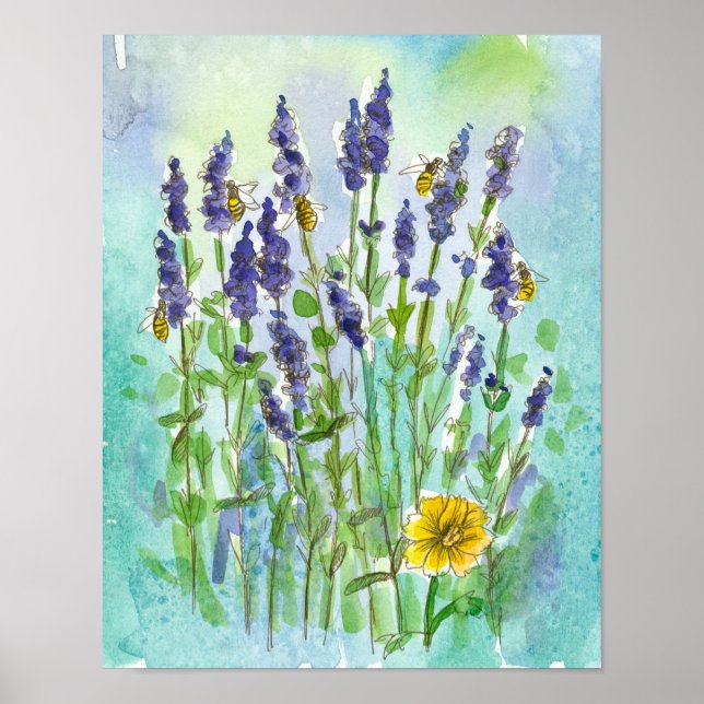 Honey Bees Lavender Herb Watercolor Flowers Poster (Front)