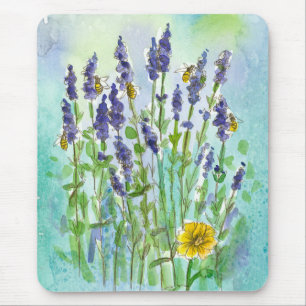 Honey Bees Lavender Watercolor Flowers Blue Mouse Mat