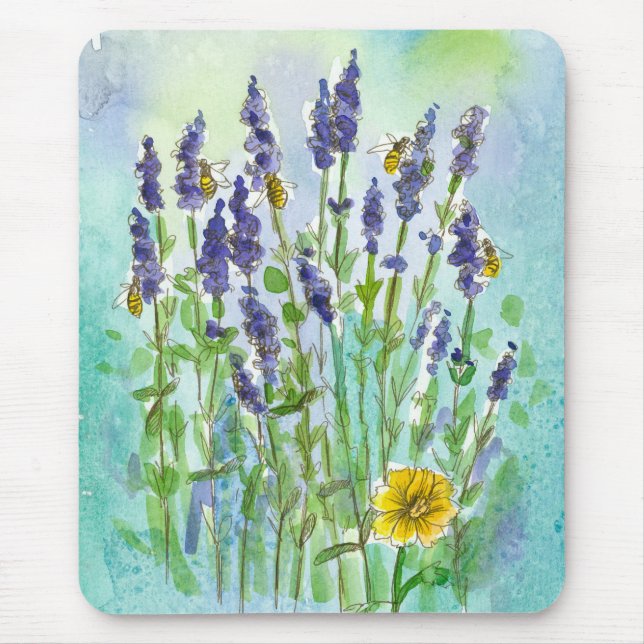Honey Bees Lavender Watercolor Flowers Blue Mouse Mat (Front)