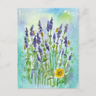 Honey Bees Lavender Watercolor Flowers Postcard