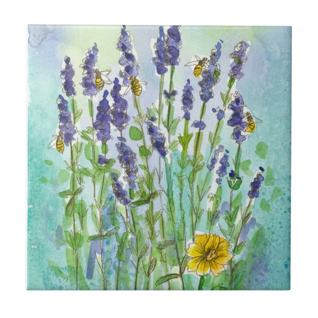 Honey Bees Lavender Watercolor Flowers Tile (Front)