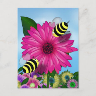 Honey Bees Meeting on Pink Flower Postcard