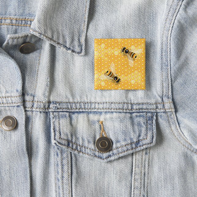 Honey Bees on Bright Honeycomb Pattern  15 Cm Square Badge (Creator Uploaded)