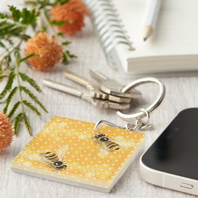 Honey Bees on Bright Honeycomb Pattern  Key Ring (Creator Uploaded)