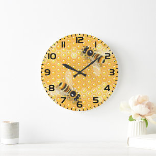 Honey Bees on Bright Honeycomb Pattern  Large Clock