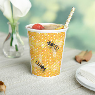 Honey Bees on Bright Honeycomb Pattern Paper Cups