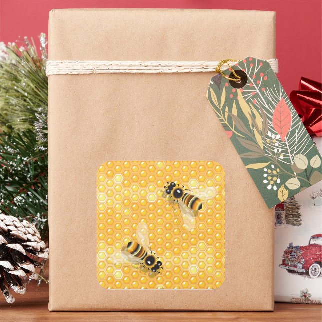 Honey Bees on Bright Honeycomb Pattern  Square Sticker (Creator Uploaded)