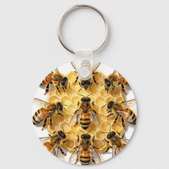 Honey Bees on Hexagonal Honeycomb Circle Key Ring (Front)