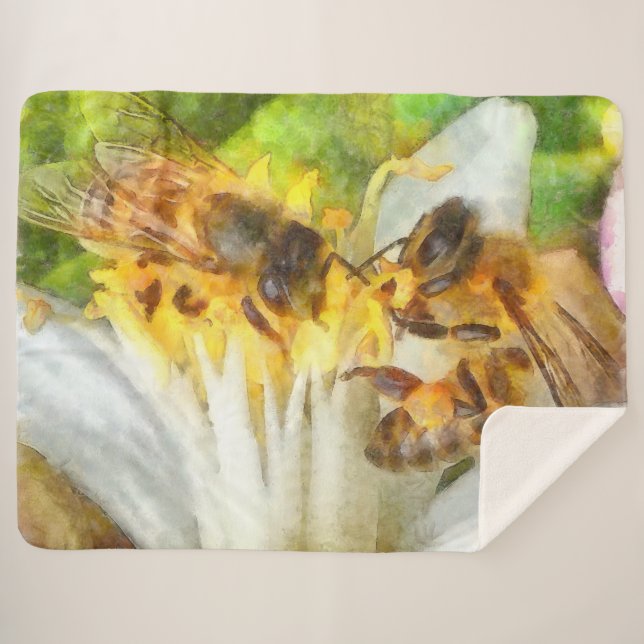 Honey Bees On Lemon Blossom Watercolor Art Sherpa Blanket (Front (Horizontal))
