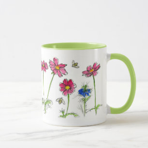 Honey Bees Pink Cosmos Watercolor Flowers Mug