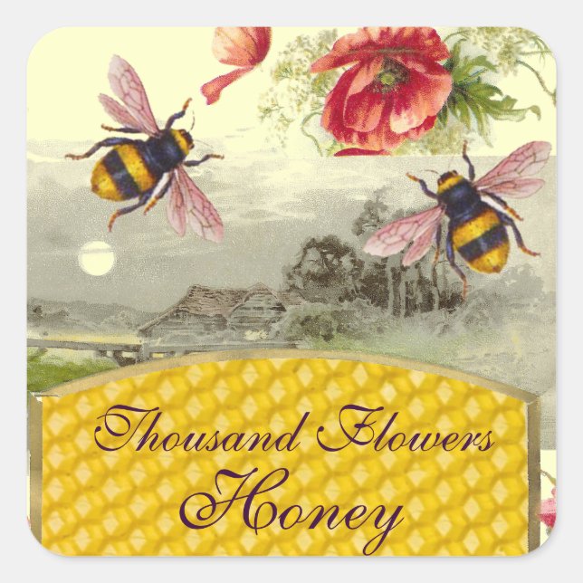 HONEY BEES,RED POPPIES RUSTIC LANDSCAPE BEEKEEPER SQUARE STICKER (Front)