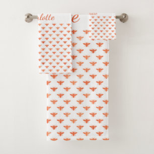 Honey bees rose gold white monogram script bath towel set