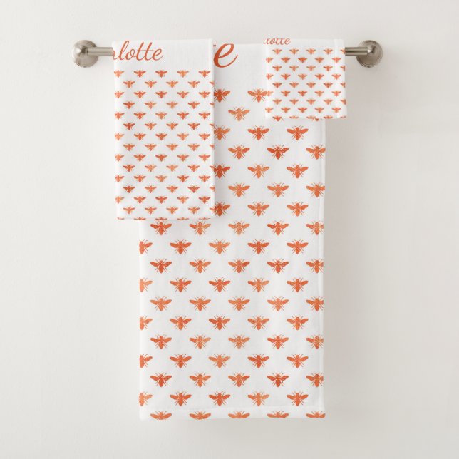 Honey bees rose gold white monogram script bath towel set (Insitu)