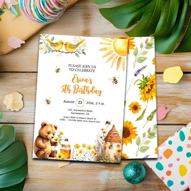Honey Bees Teddy Bear 5th Birthday Invitation (Creator Uploaded)
