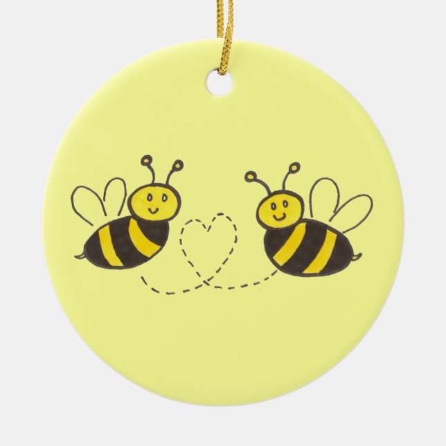 Honey Bees with Heart Ceramic Tree Decoration (Front)
