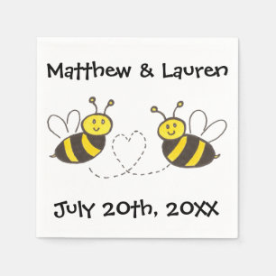 Honey Bees with Heart on White with Name and Date Napkin