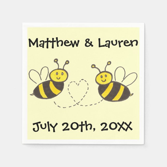 Honey Bees with Heart on Yellow with Name Date Napkin (Front)