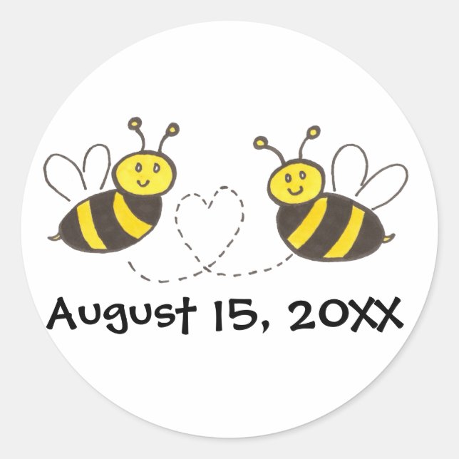 Honey Bees with Heart with Customisable Date Classic Round Sticker (Front)
