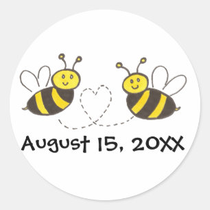 Honey Bees with Heart with Customisable Date Classic Round Sticker