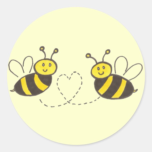 Honey Bees with Heart Yellow Background Classic Round Sticker (Front)