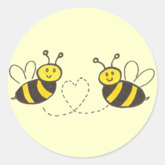 Honey Bees with Heart Yellow Background Classic Round Sticker