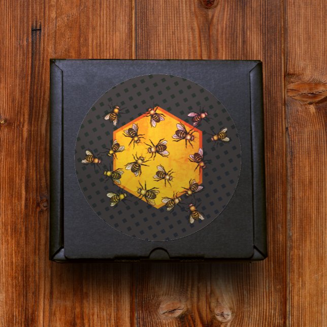 Honey bees with orange yellow hexagon drawing art classic round sticker (Creator Uploaded)