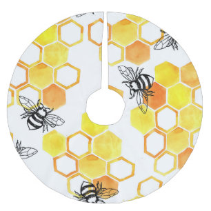 Honey Bees: Yellow Watercolor Pattern Brushed Polyester Tree Skirt