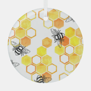 Honey Bees: Yellow Watercolor Pattern Glass Tree Decoration