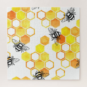 Honey Bees: Yellow Watercolor Pattern Jigsaw Puzzle