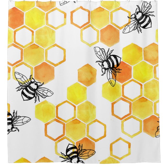 Honey Bees: Yellow Watercolor Pattern Shower Curtain (Front)