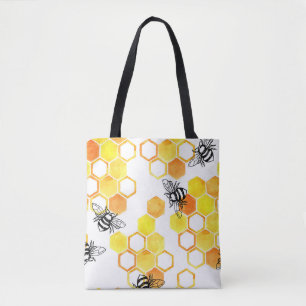 Honey Bees: Yellow Watercolor Pattern Tote Bag