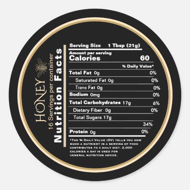 Honey Black and Gold Mini Nutrition Facts Sticker (Front)