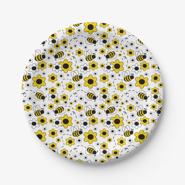 Honey Bumble Bee Yellow White Floral Paper Plate (Front)