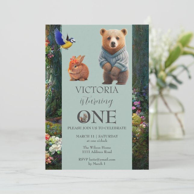 Honey Bunny and Boo Bear 1st birthday Invitation (Standing Front)