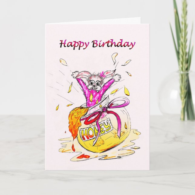 Honey Bunny Happy Birthday fun pink drawing card (Front)