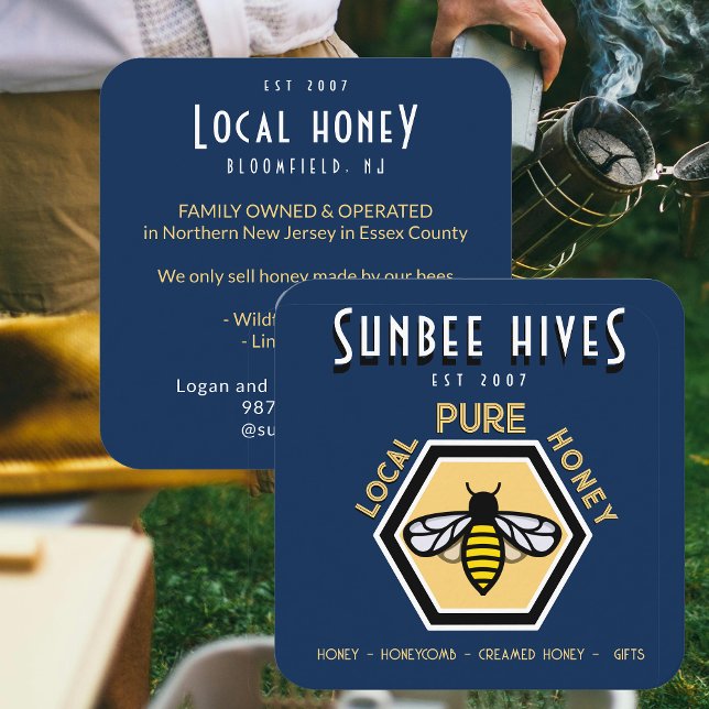 Honey Business Card Hexagon Honeybee on Blue (Creator Uploaded)