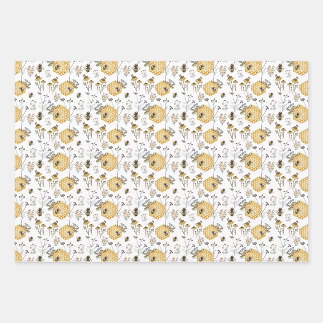 Honey comb and Flowers with Bees Wrapping Paper Sheet (Front)