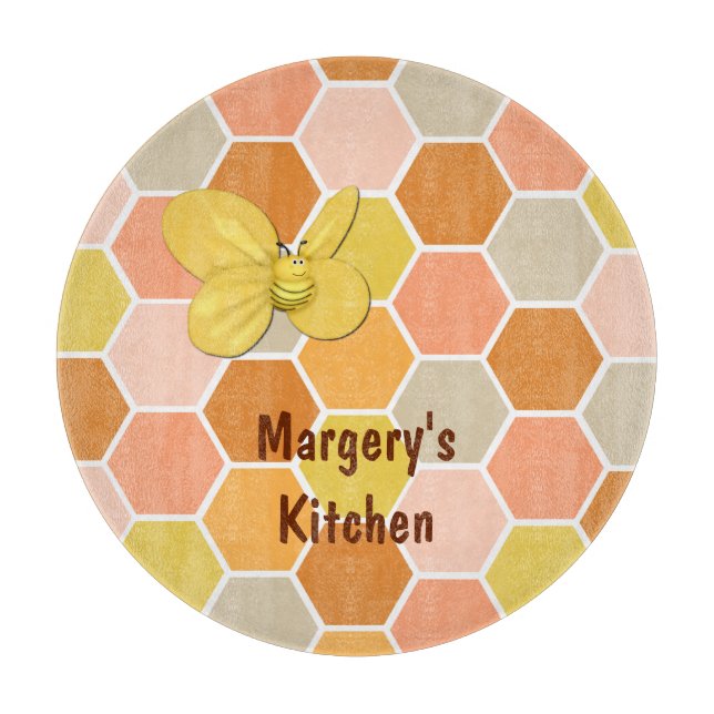 Honey Comb Bumble Bee Glass Cutting Board (Front)
