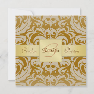 Honey Damask Monogram Gold Ribbon Invitation