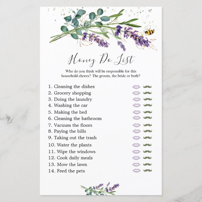 Honey Do List Bridal Game, Lavender Eucalyptus (Front)