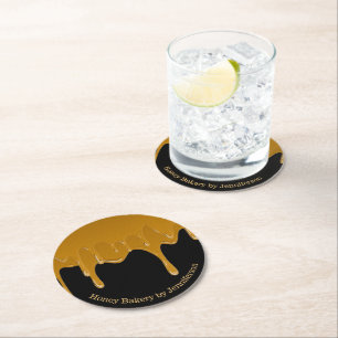 Honey Drip Sweets Bakery Golden Black Round Paper Coaster